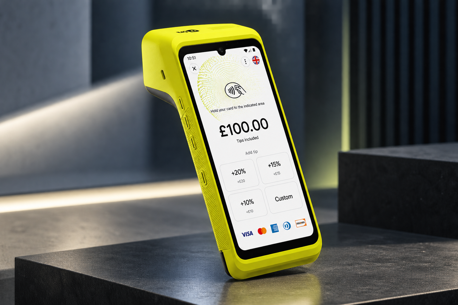 Premium lime-green card payment terminal