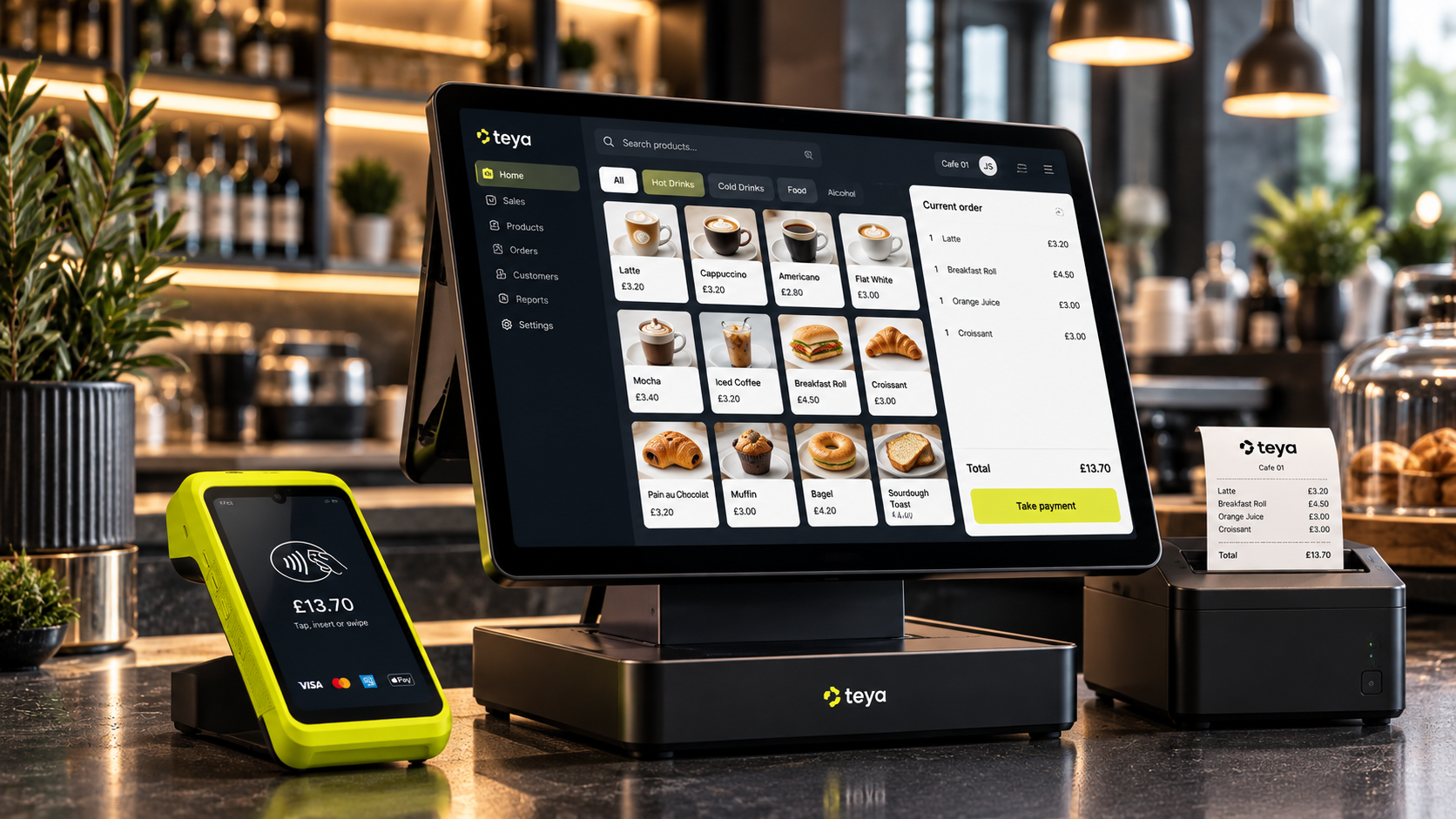 EPOS touchscreen, card terminal and receipt printer in a café