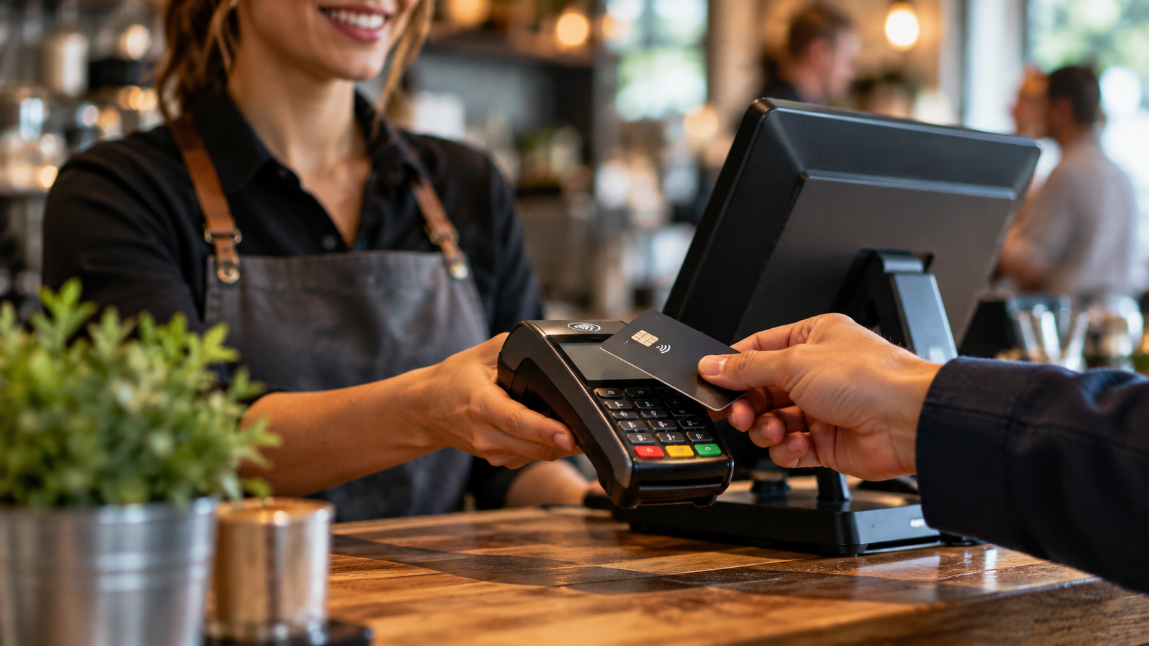 Customer making a contactless card payment at a business counter