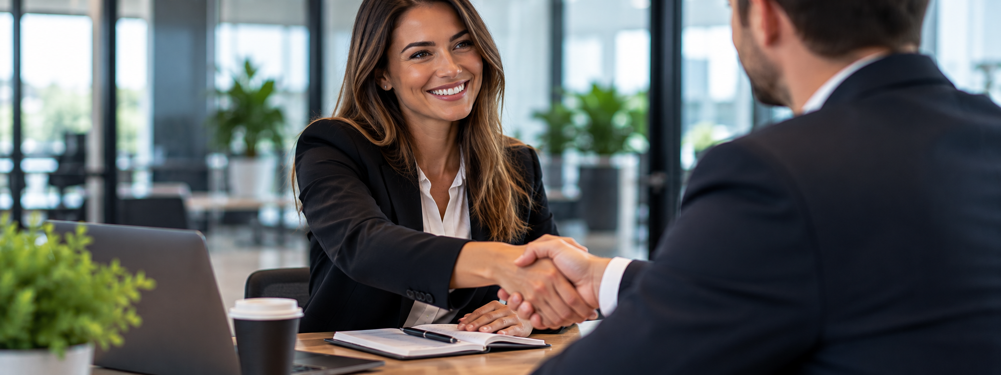 Two business professionals shaking hands in a bright modern office