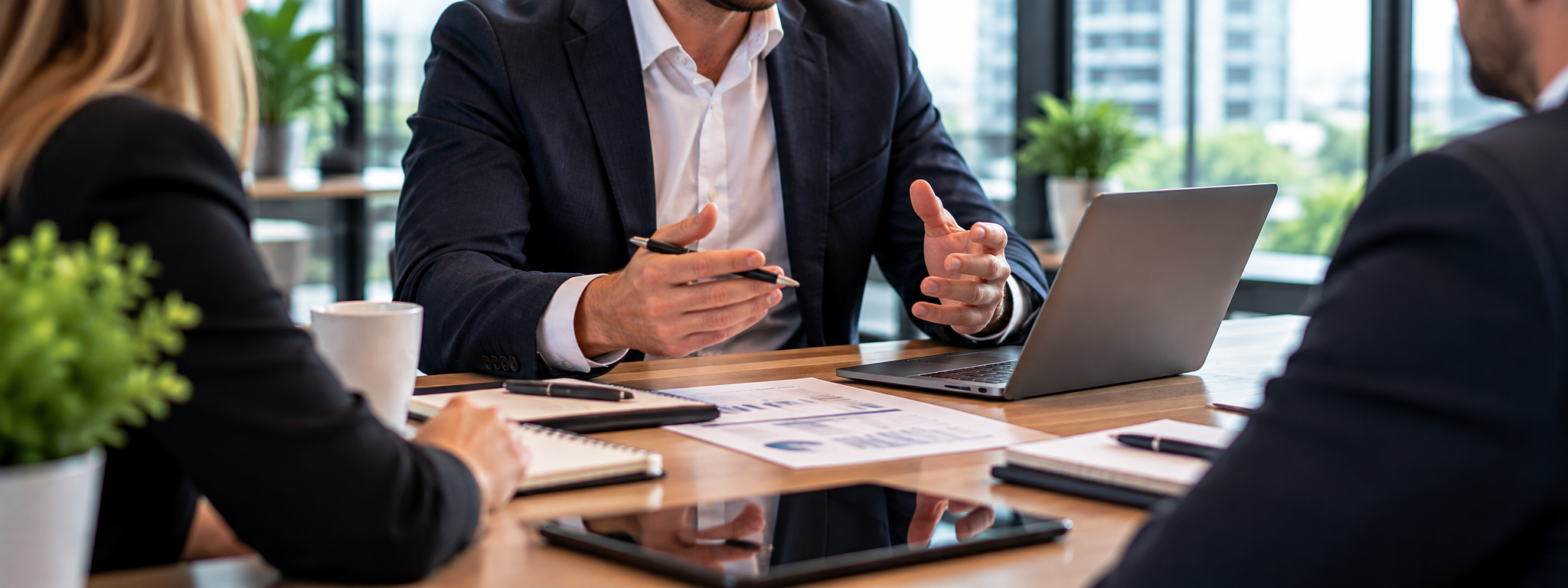 Professional business team discussing solutions in a modern workplace